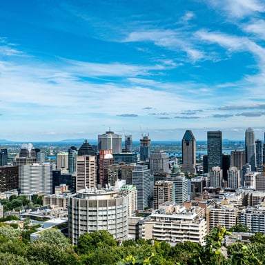 Downtown Montréal skyline and the St. Lawrence River seen from Kondiaronk lookout on Mount Royal