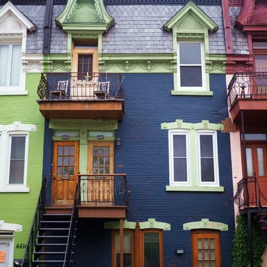 Colorful Le Plateau row houses with exterior spiral staircases in Montréal